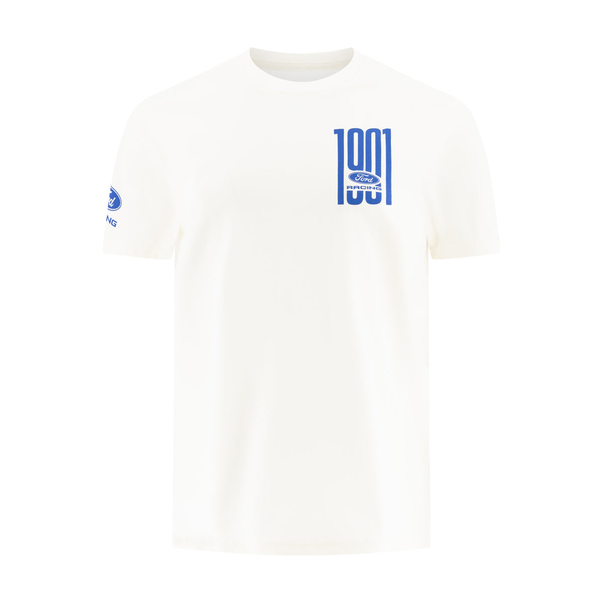 White women's t-shirt with 1901 ford racing text on a white background
