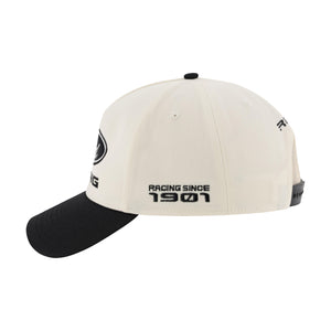 side of a black and white Ford Racing hat with Racing since 1902 embroidered text on a white background
