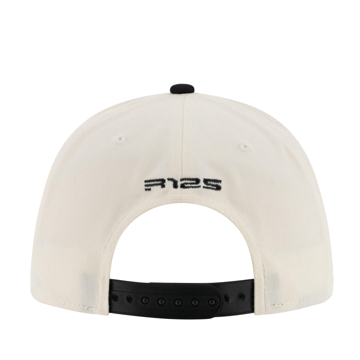back of a black and white Ford Racing hat with Racing R125 embroidered text on a white background