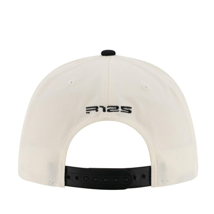 back of a black and white Ford Racing hat with Racing R125 embroidered text on a white background