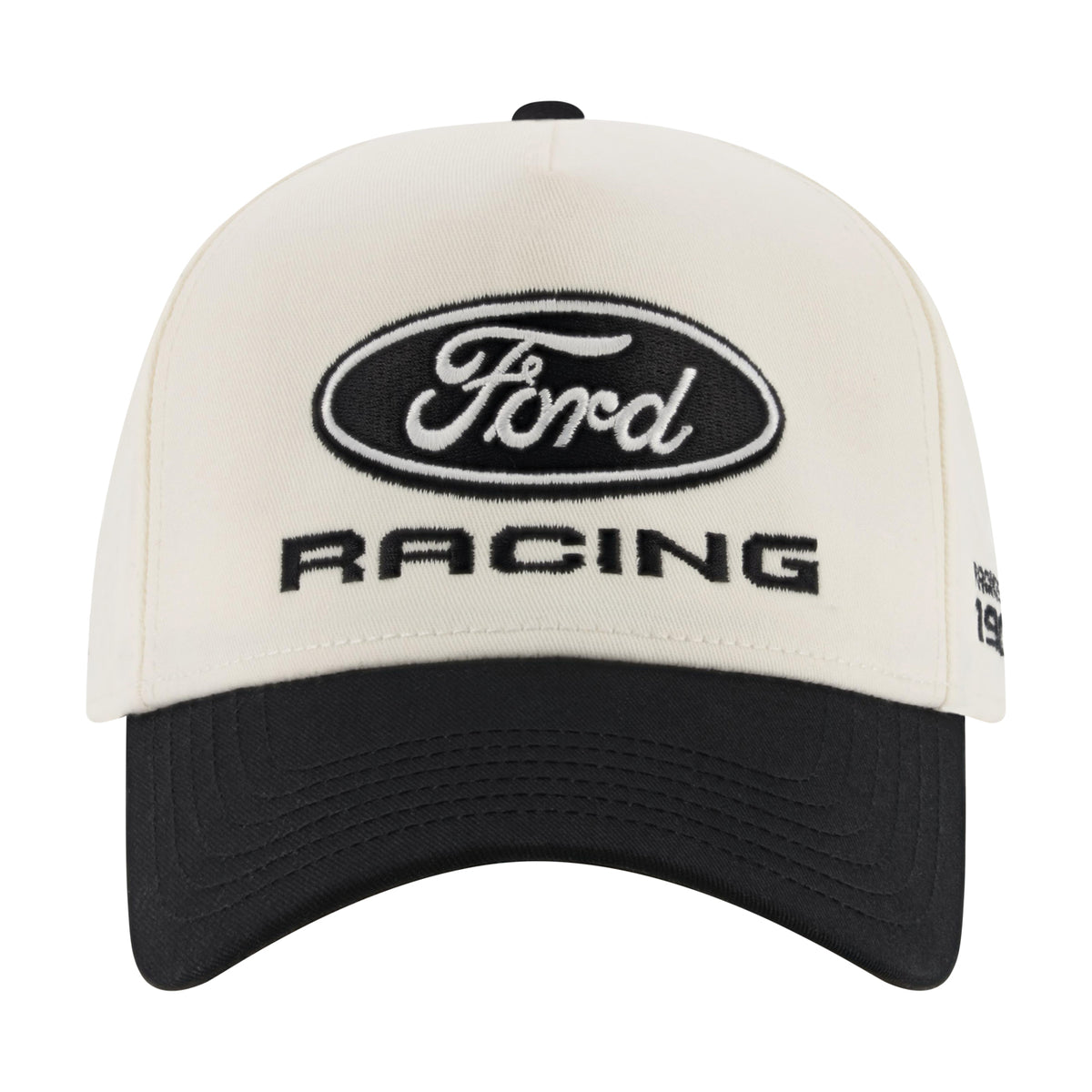 Front of a black and white Ford Racing hat with embroidered text on a white background