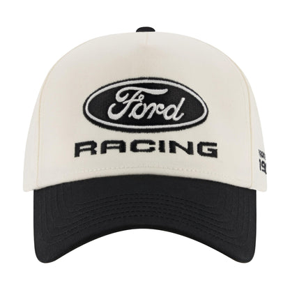 Front of a black and white Ford Racing hat with embroidered text on a white background