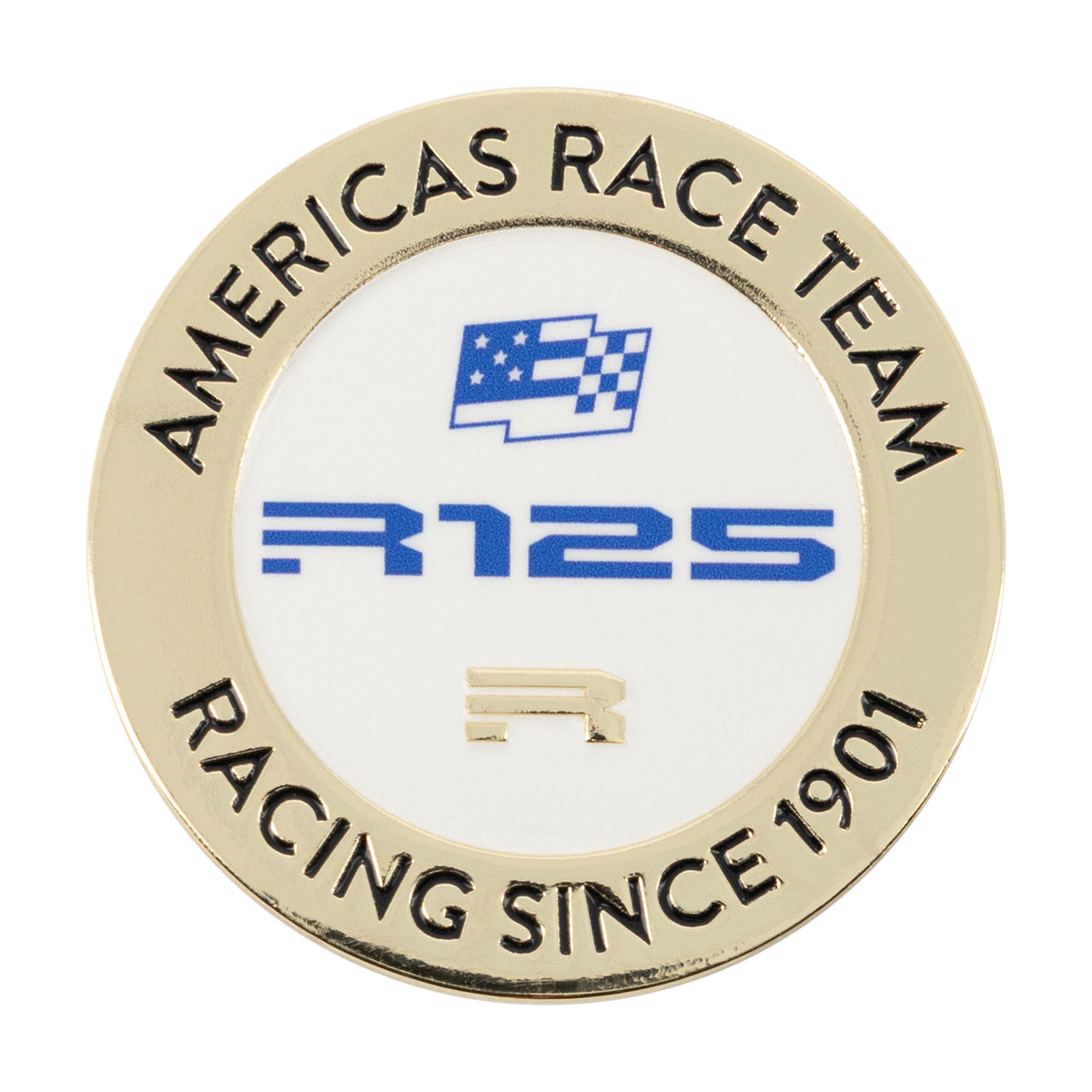 America's Race team Racing since 1902 gold and white challenge coin in a white background