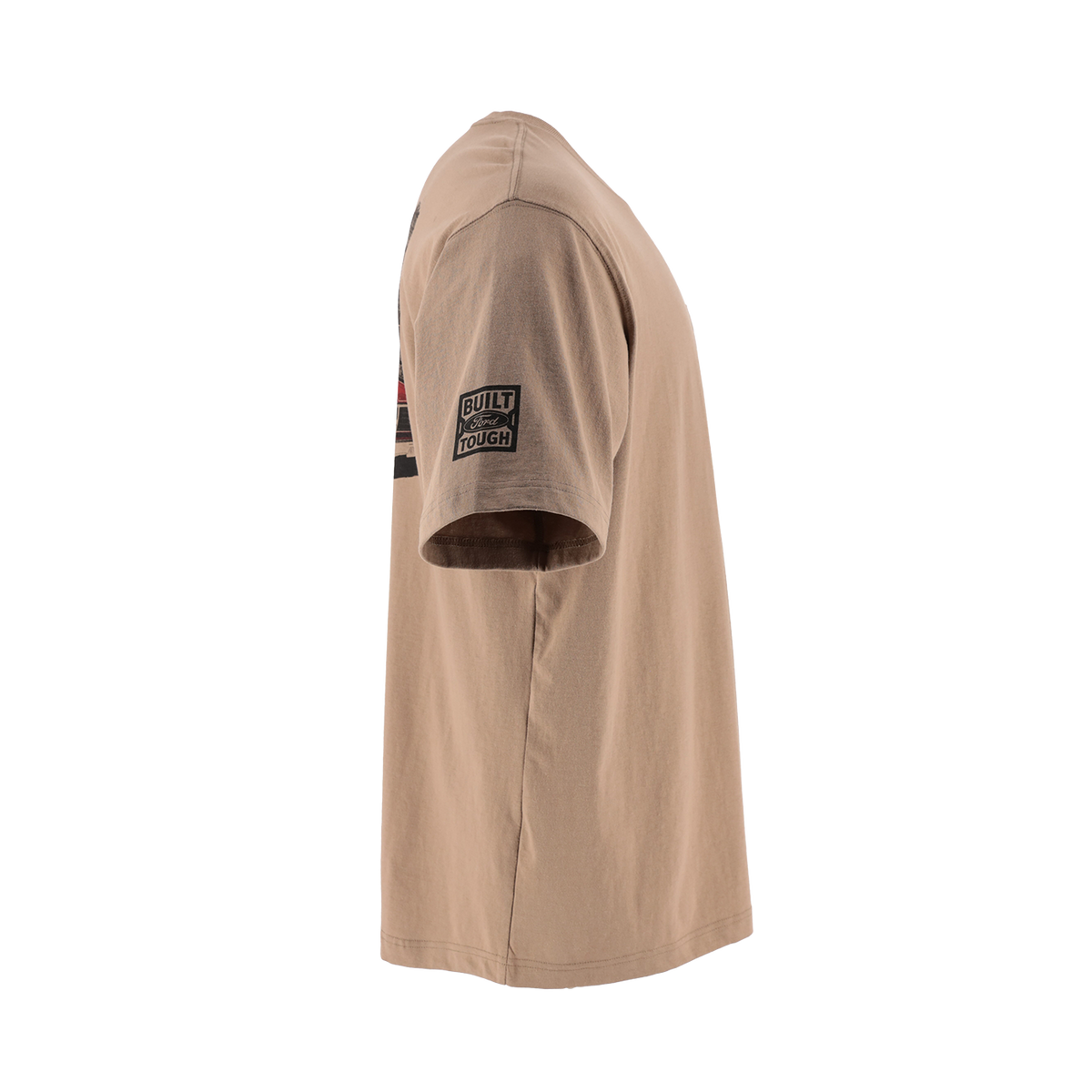 A side profile view of a tan crewneck t-shirt featuring a black and white graphic patch on the left sleeve that reads 'BUILT FORD TOUGH