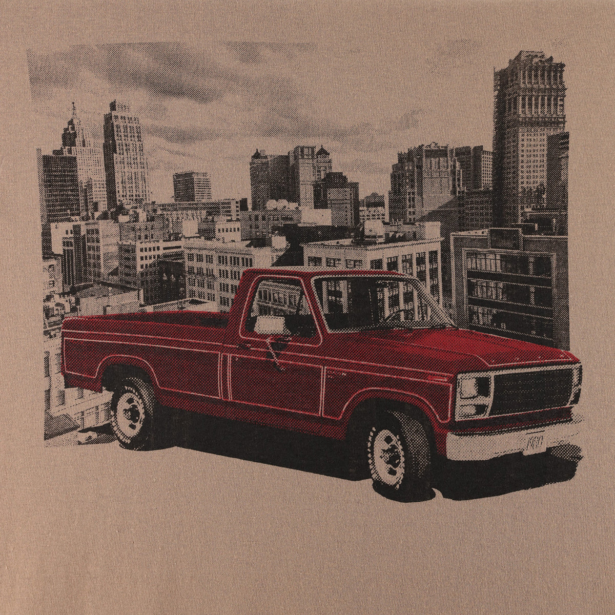 A vintage red pickup truck printed on a tan background with a city skyline illustration behind it.