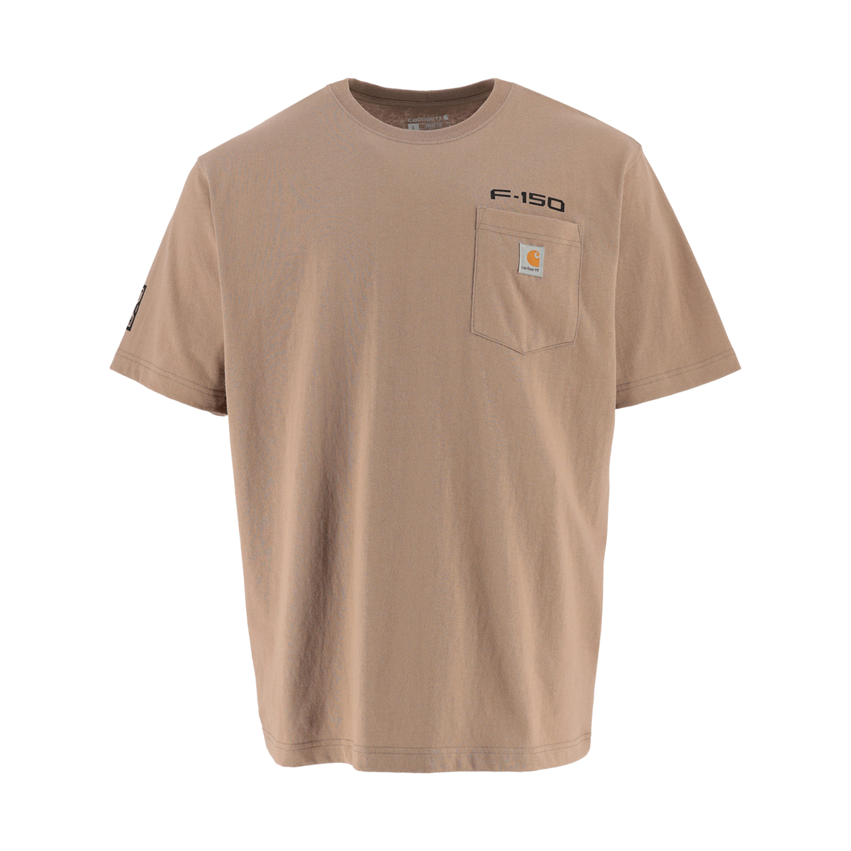 front of a beige Ford F-150 carhartt t-shirt with a pocket on a white background
