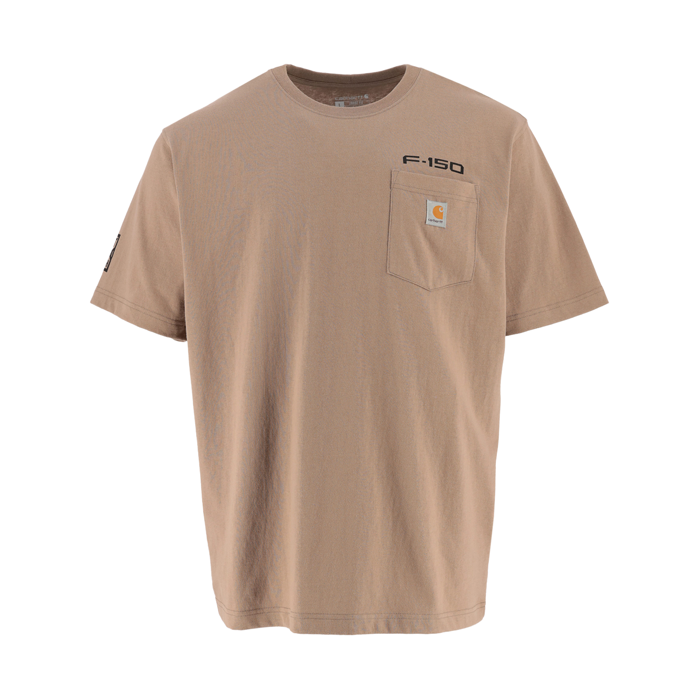 front of a beige Ford F-150 carhartt t-shirt with a pocket on a white background