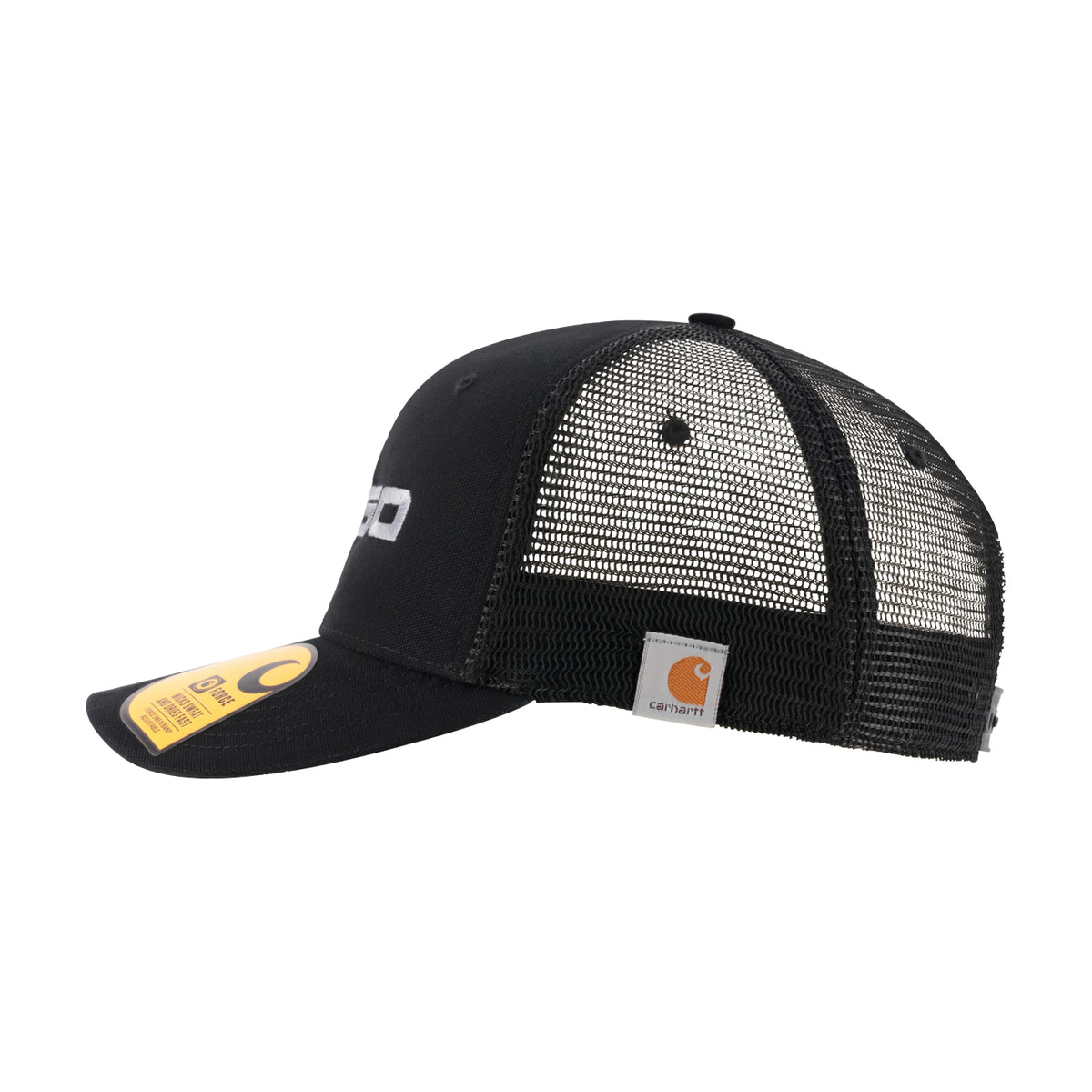 side view of black Ford F-150 carhartt hat with a mesh back and a carhartt logo and a snapback closure