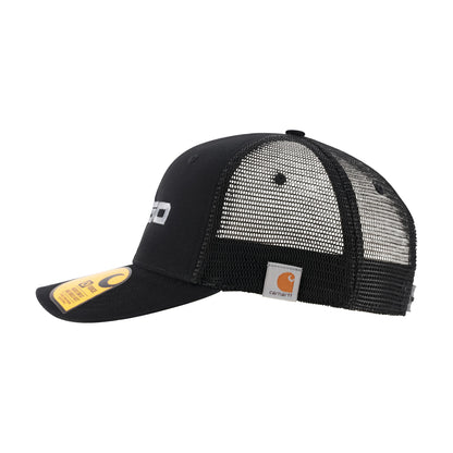 side view of black Ford F-150 carhartt hat with a mesh back and a carhartt logo and a snapback closure