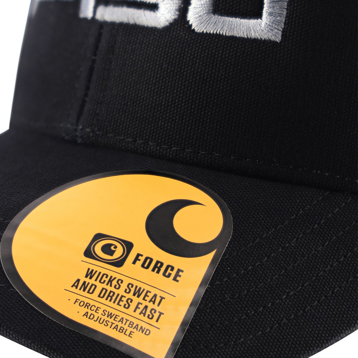 close up of a carhartt logo wicks sweat and dries fast sticker on a ford carhartt hat