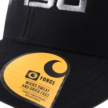 close up of a carhartt logo wicks sweat and dries fast sticker on a ford carhartt hat