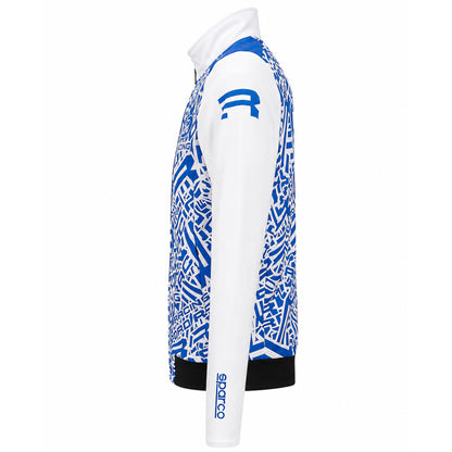 left side of blue and white camo ford racing jacket with sparco and 125th anniversary of racing logo