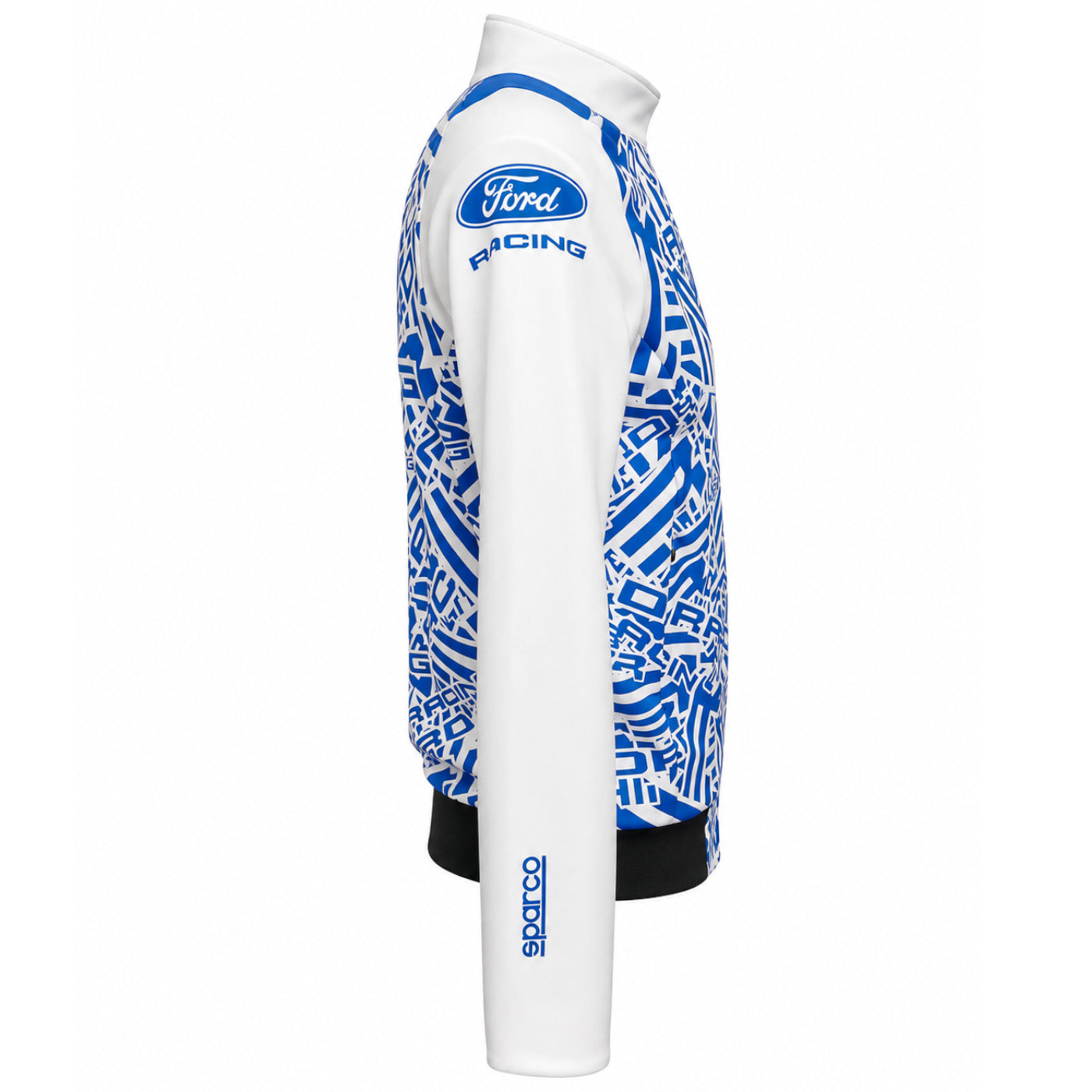 A white and blue long-sleeve racing jersey shown from the side profile, featuring the Ford Racing logo on the upper back and a blue geometric pattern across the body and sleeves, with a Sparco logo on the lower sleeve.