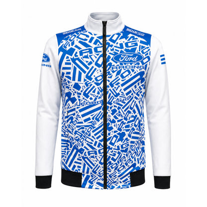 Ford Racing blue and white camouflage text racing jacket