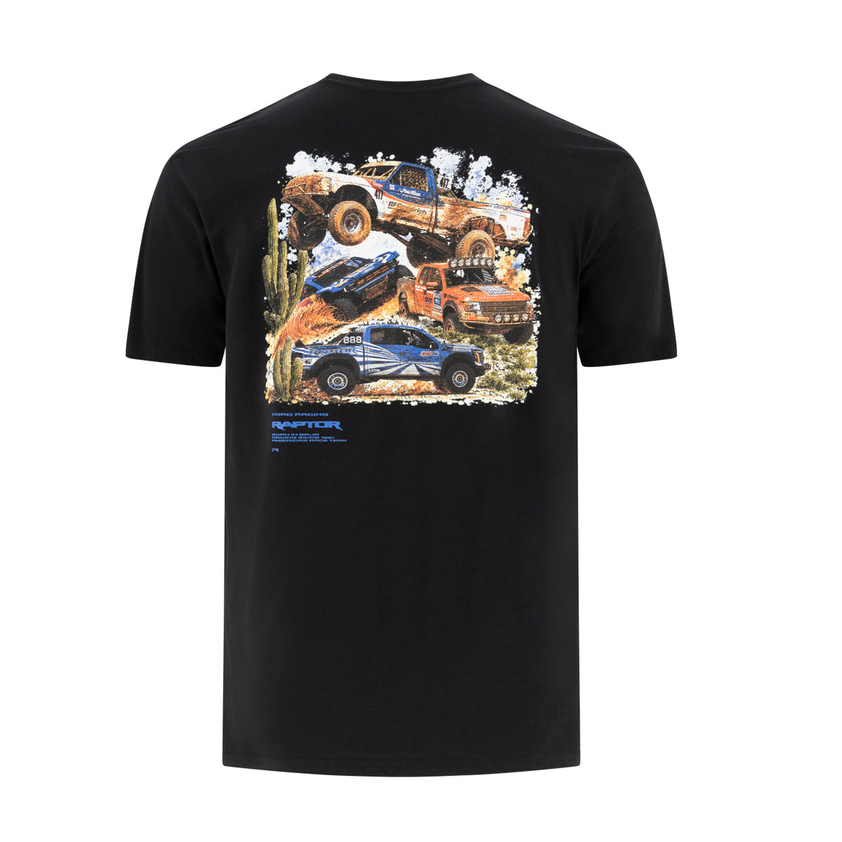 back of a black t-shirt with 4 Ford trucks raptor graphics on a white background