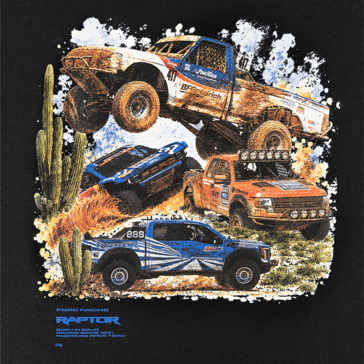 Ford Racing raptor truck colorful graphic on a black background