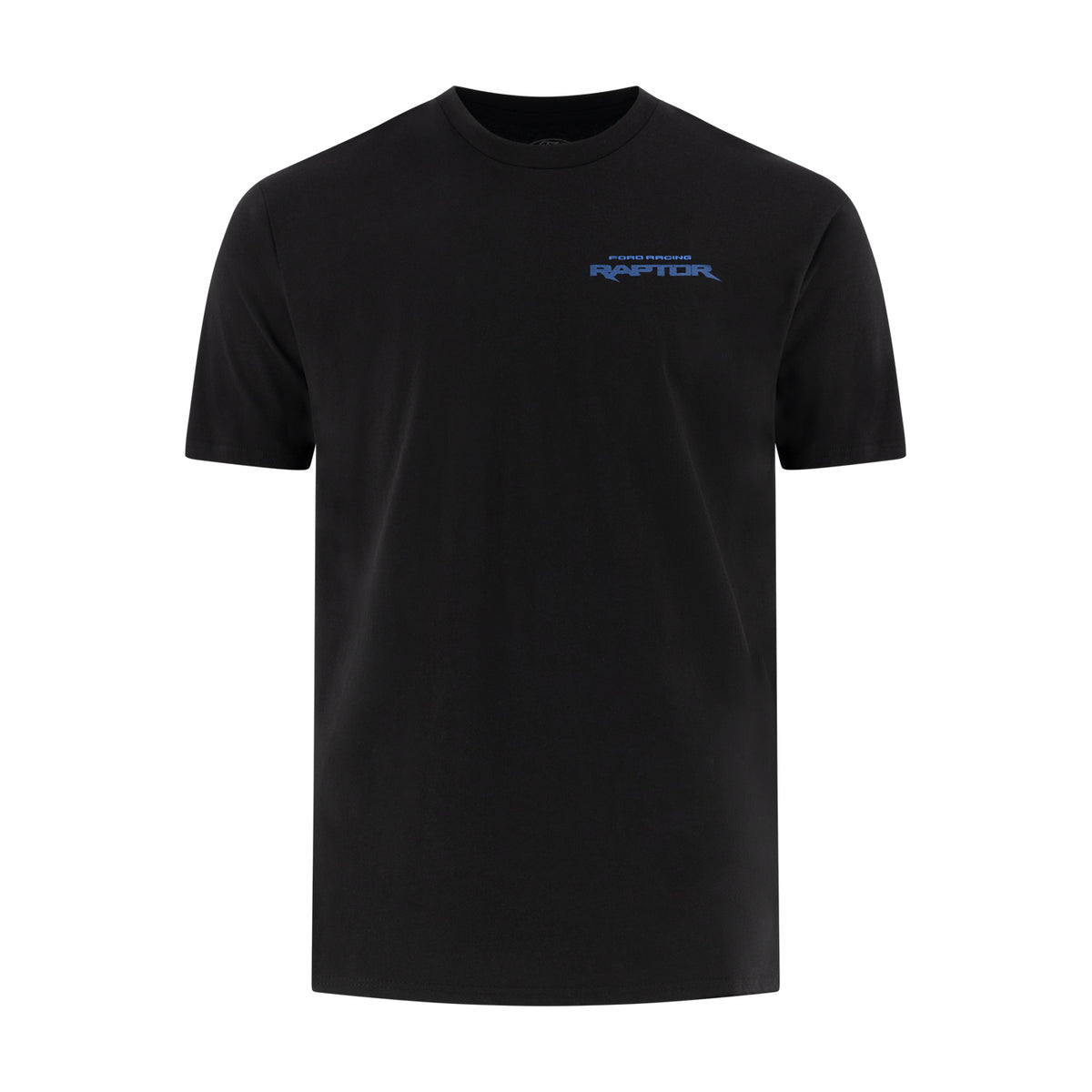 black t-shirt with a blue ford racing raptor logo on a white background
