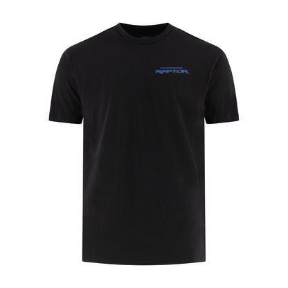 black t-shirt with a blue ford racing raptor logo on a white background
