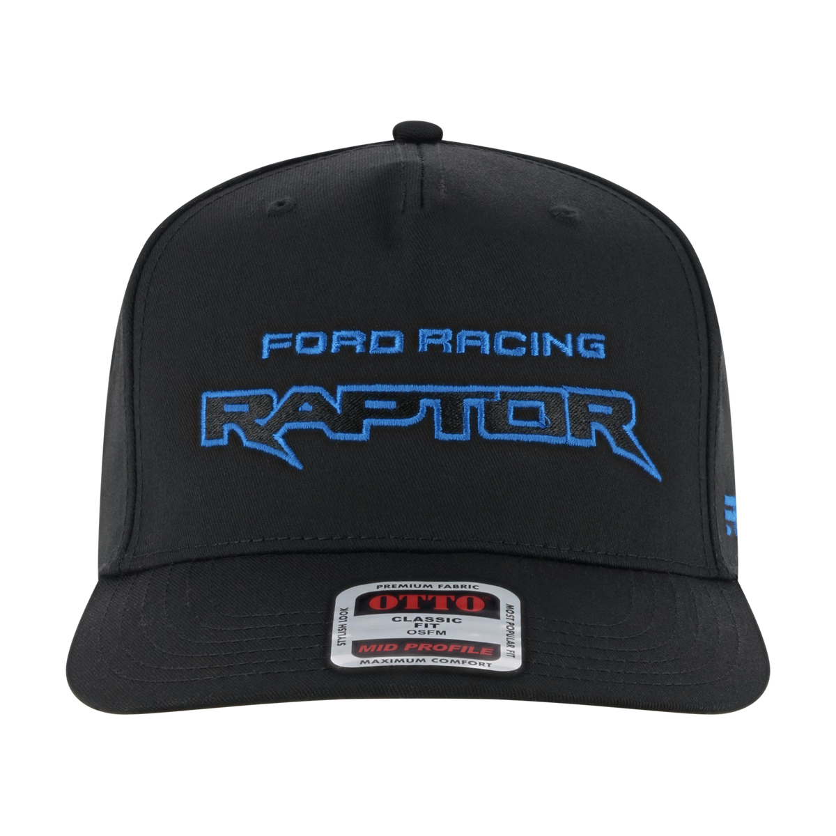 Ford Racing Raptor embroidered text on a black snapback hat on a white background