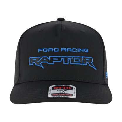Ford Racing Raptor embroidered text on a black snapback hat on a white background