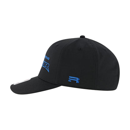 Ford Racing Raptor embroidered text on a black snapback hat on a white background