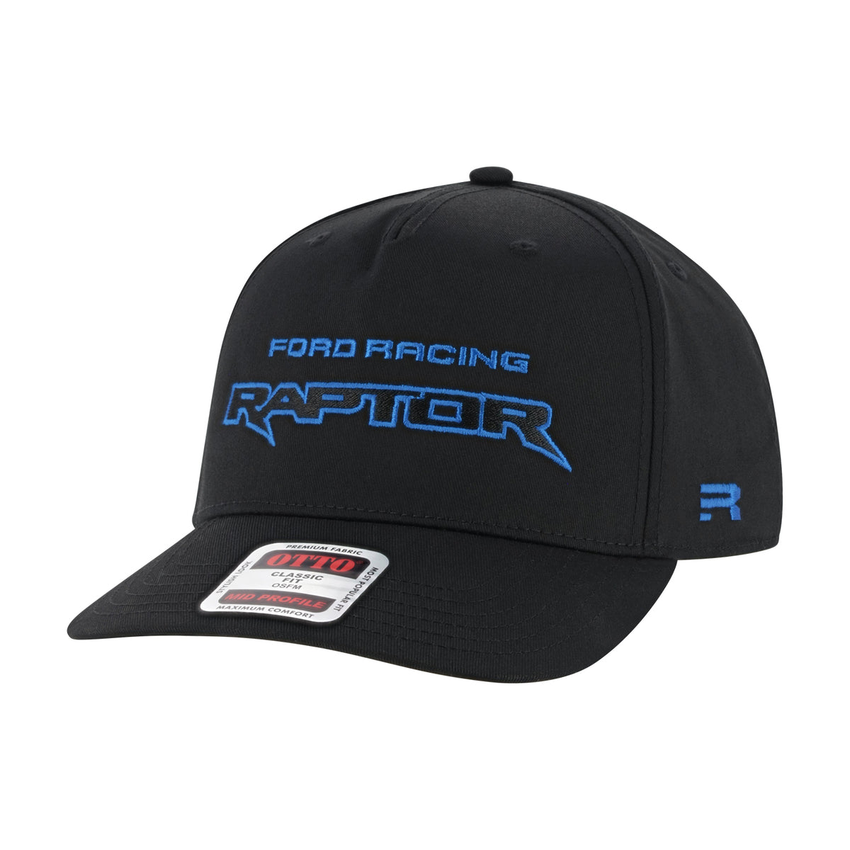 Ford Racing Raptor embroidered text on a black snapback hat on a white background