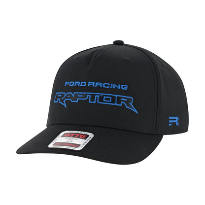 Ford Racing Raptor embroidered text on a black snapback hat on a white background