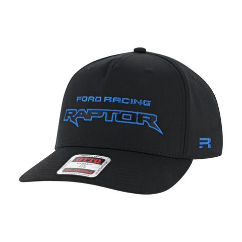 Ford Racing Raptor embroidered text on a black snapback hat on a white background