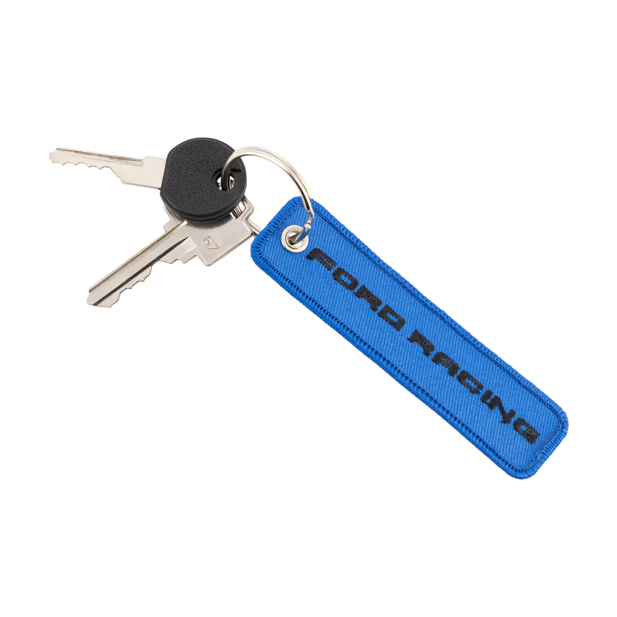 Blue Ford Racing patch keychain with keys attached