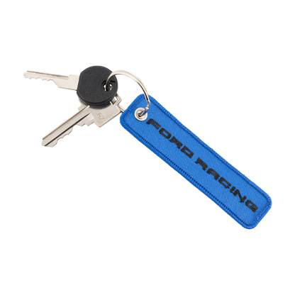 Blue Ford Racing patch keychain with keys attached