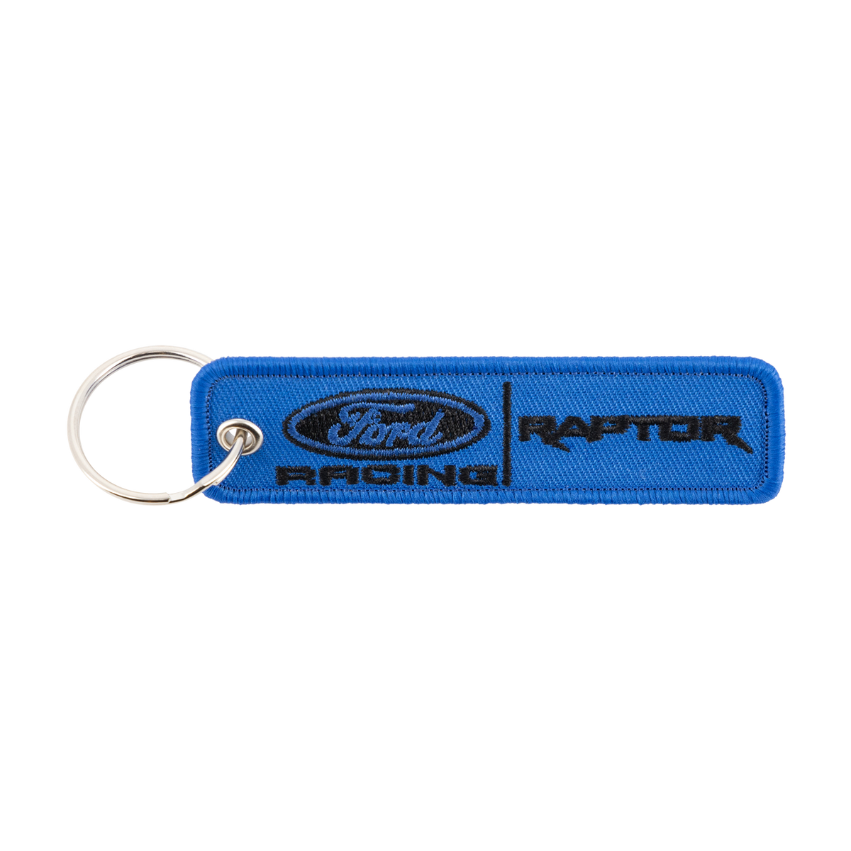 Ford Racing and Raptor blue patch keychain on a white background