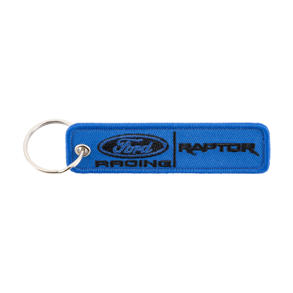 Ford Racing and Raptor blue patch keychain on a white background