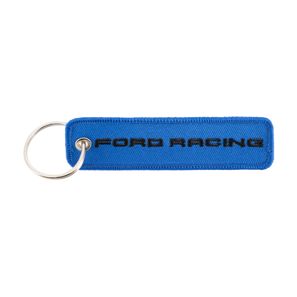 Ford Racing and Raptor blue patch keychain on a white background