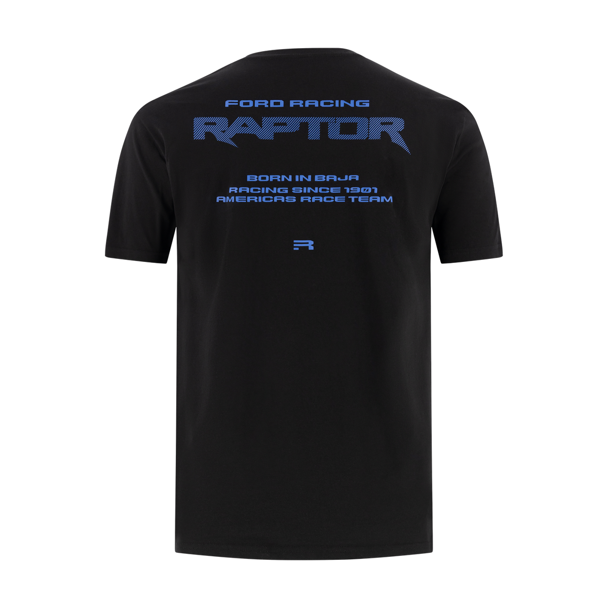 back of  Black t-shirt with ford racing raptor, born in baja, racing since 1901, and America's race team text in blue
