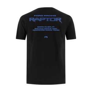 back of  Black t-shirt with ford racing raptor, born in baja, racing since 1901, and America's race team text in blue