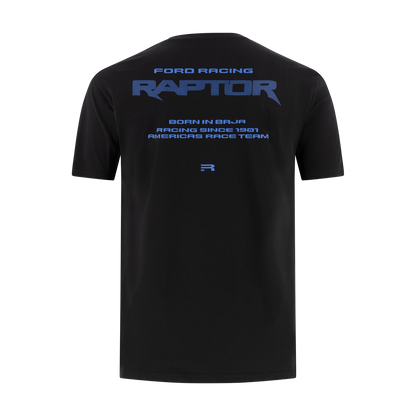 back of  Black t-shirt with ford racing raptor, born in baja, racing since 1901, and America's race team text in blue