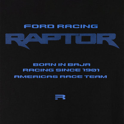 back of  Black t-shirt with ford racing raptor, born in baja, racing since 1901, and America's race team text in blue