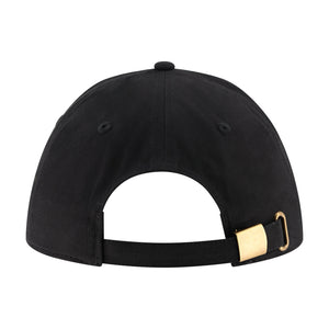 back of a black hat with a gold buckle