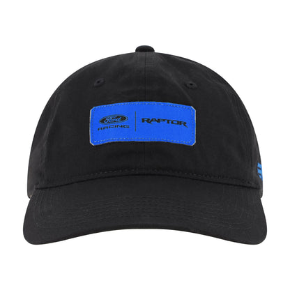 black hat with a Ford Racing raptor blue woven patch and a Raptor R logo at the side on a white background