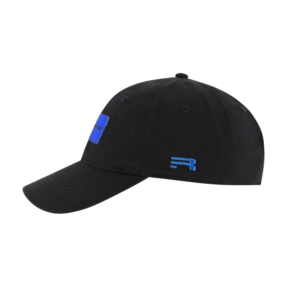 black hat with a Ford Racing raptor blue woven patch and a Raptor R logo at the side on a white background