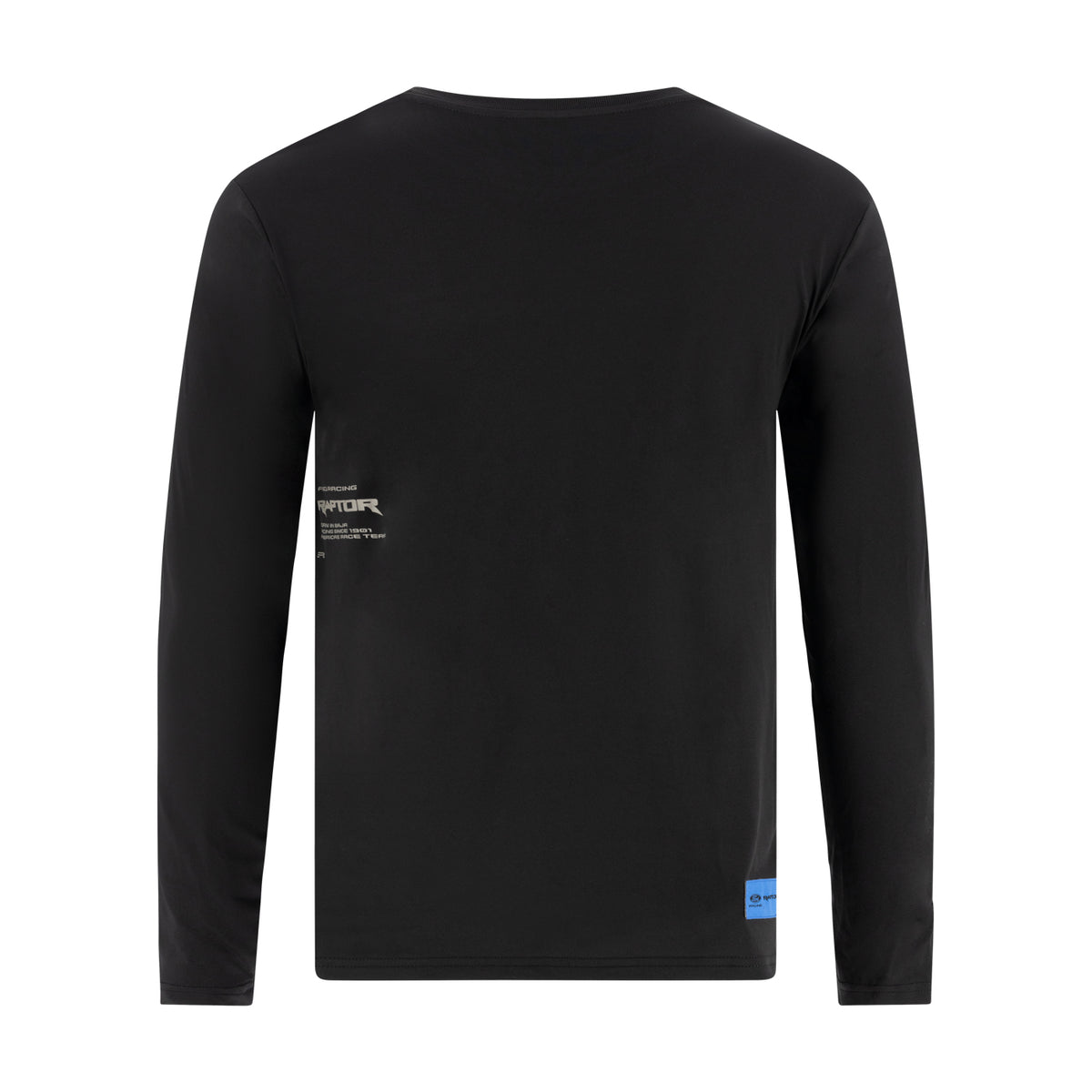 BACK OF A BLACK of a long sleeve shirt with a raptor logo and ford racing tag on a white background