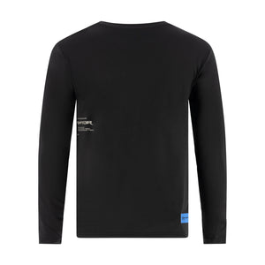 BACK OF A BLACK of a long sleeve shirt with a raptor logo and ford racing tag on a white background