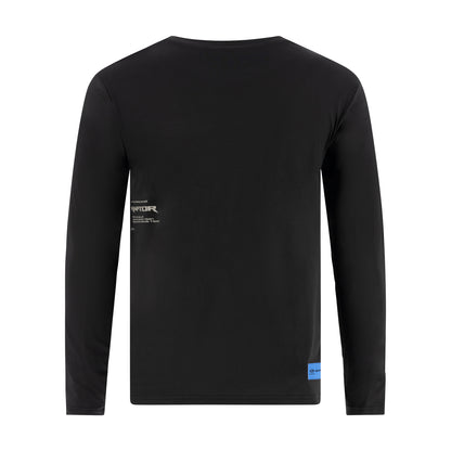 BACK OF A BLACK of a long sleeve shirt with a raptor logo and ford racing tag on a white background