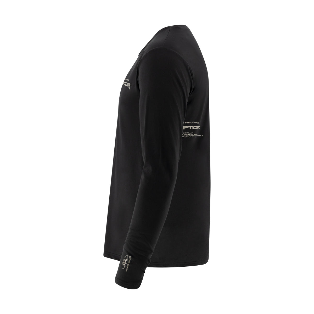 side view of a black long sleeve raptor t-shirt