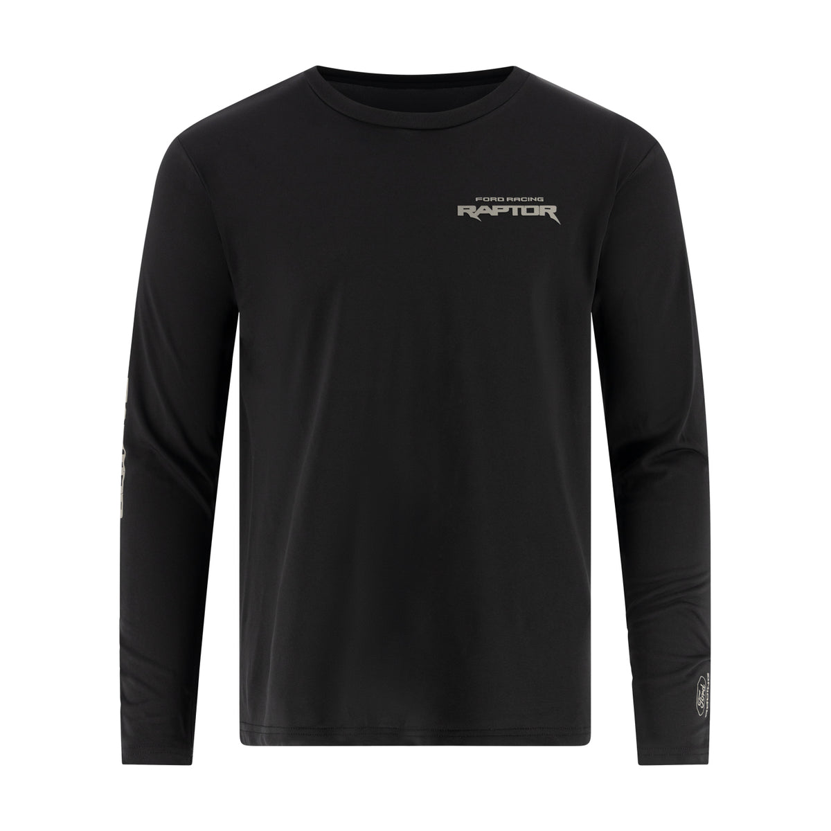 A black long-sleeve performance shirt with a small white 'RAPTOR' logo on the left chest, displayed on a clean white background.