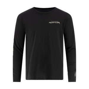 A black long-sleeve performance shirt with a small white 'RAPTOR' logo on the left chest, displayed on a clean white background.