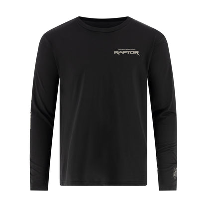 A black long-sleeve performance shirt with a small white 'RAPTOR' logo on the left chest, displayed on a clean white background.