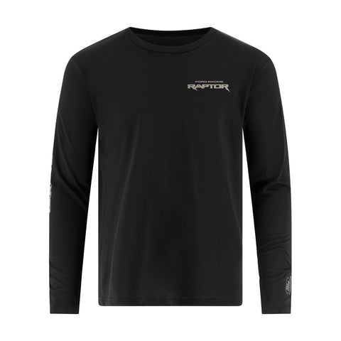 A black long-sleeve performance shirt with a small white 'RAPTOR' logo on the left chest, displayed on a clean white background.