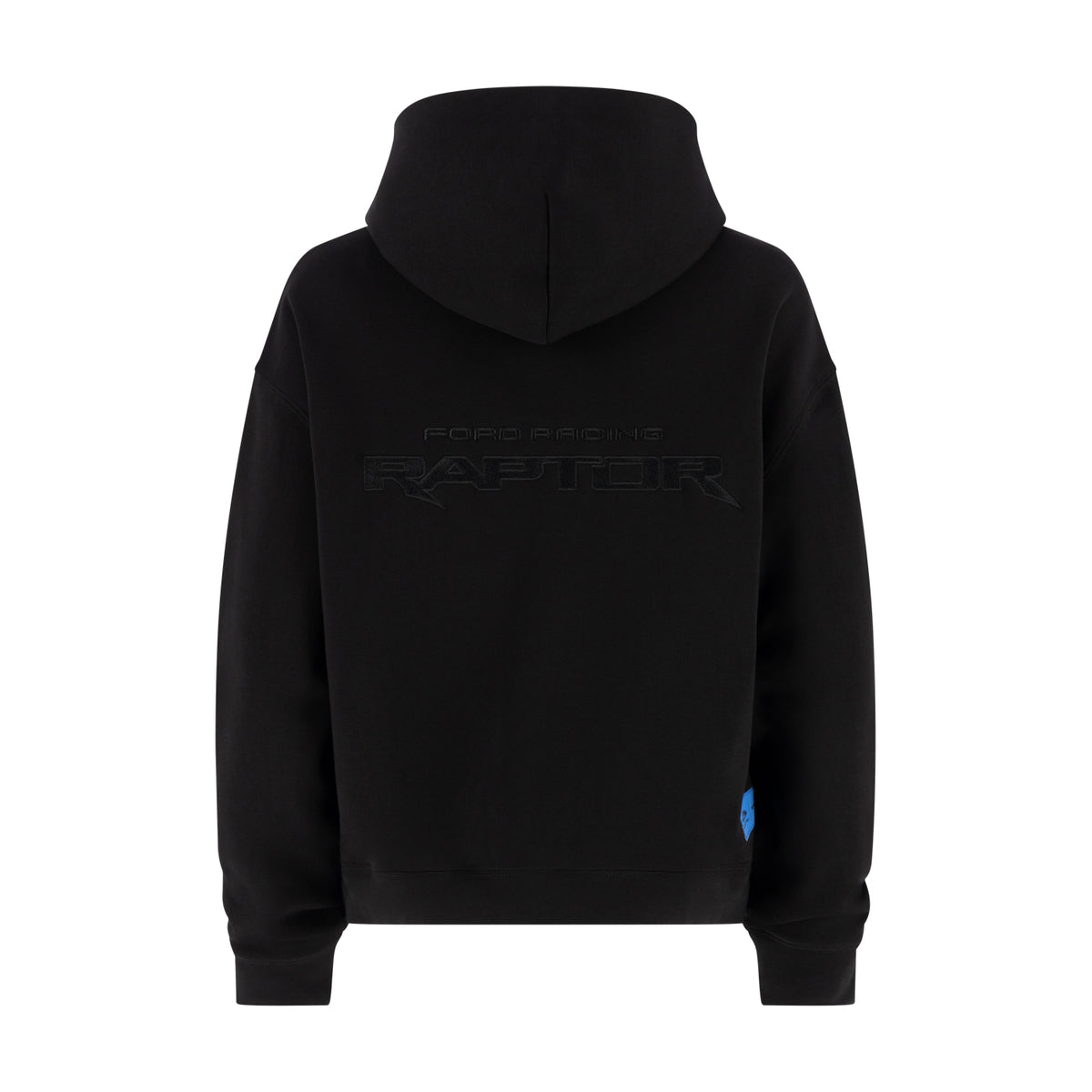 back of black women's hoodie with Ford Racing raptor text on a white background