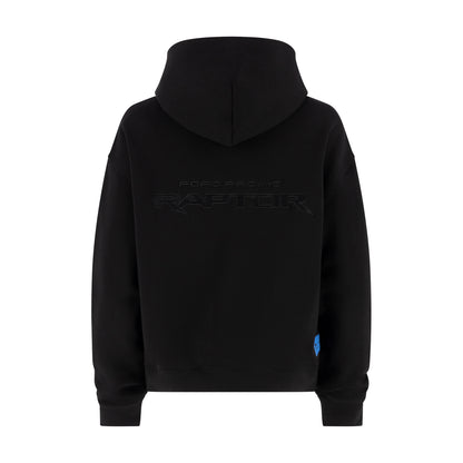 back of black women's hoodie with Ford Racing raptor text on a white background